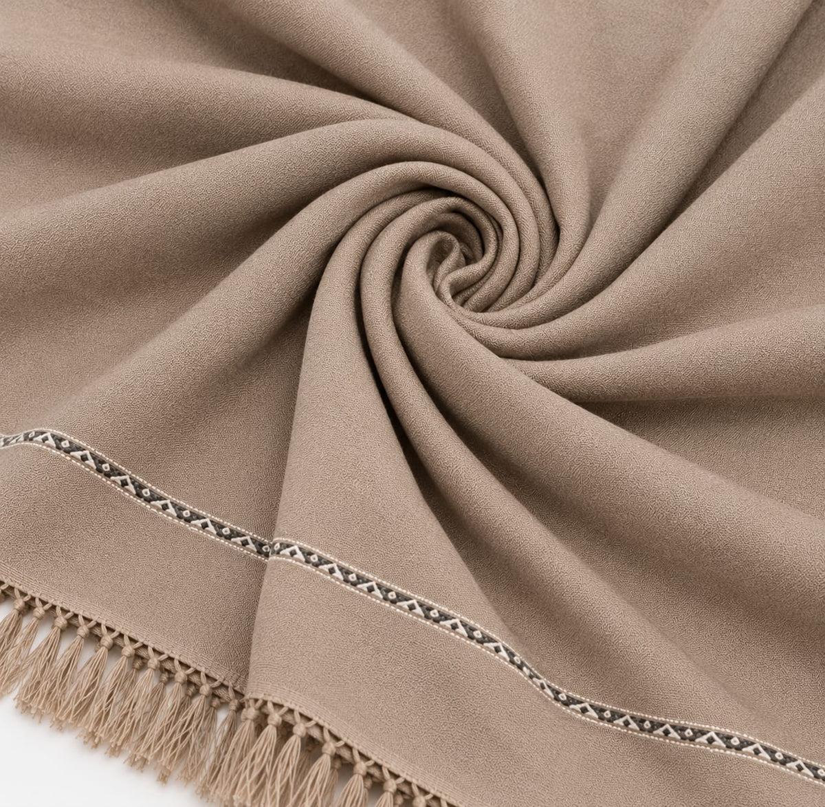 Khaki Embroidered Tassel Shawl