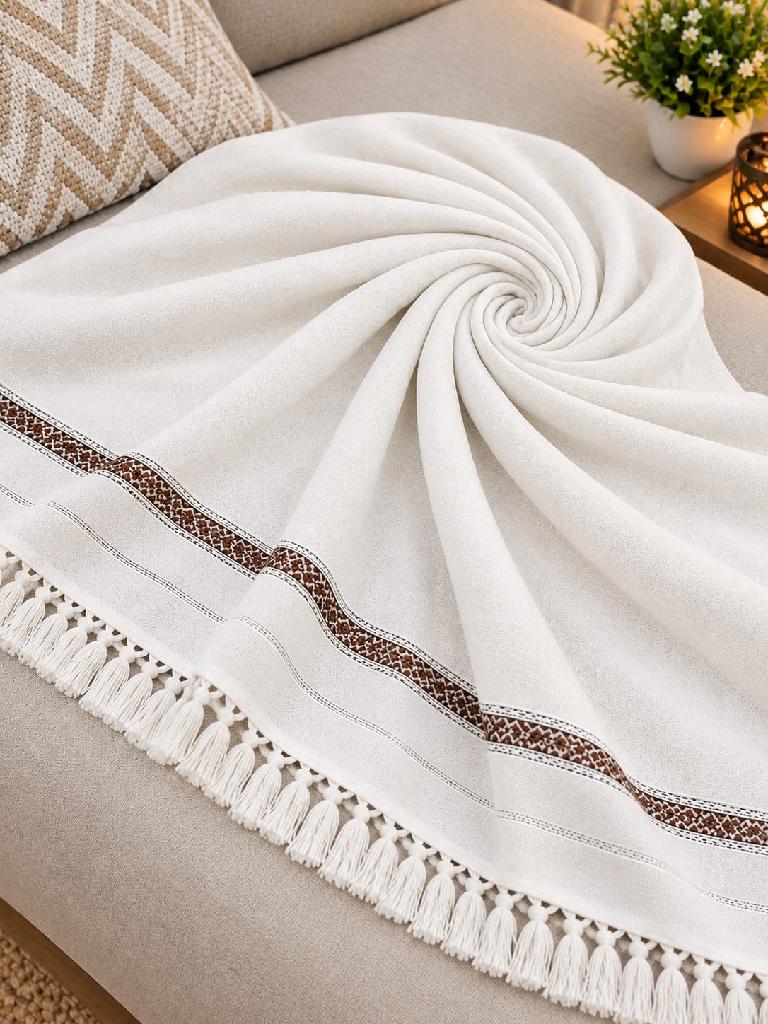 White Embroidered Tassel Shawl