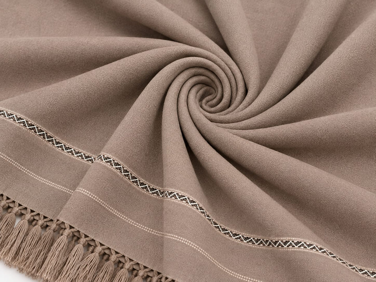 Beige Embroidered premium wooll Tassel Shawl