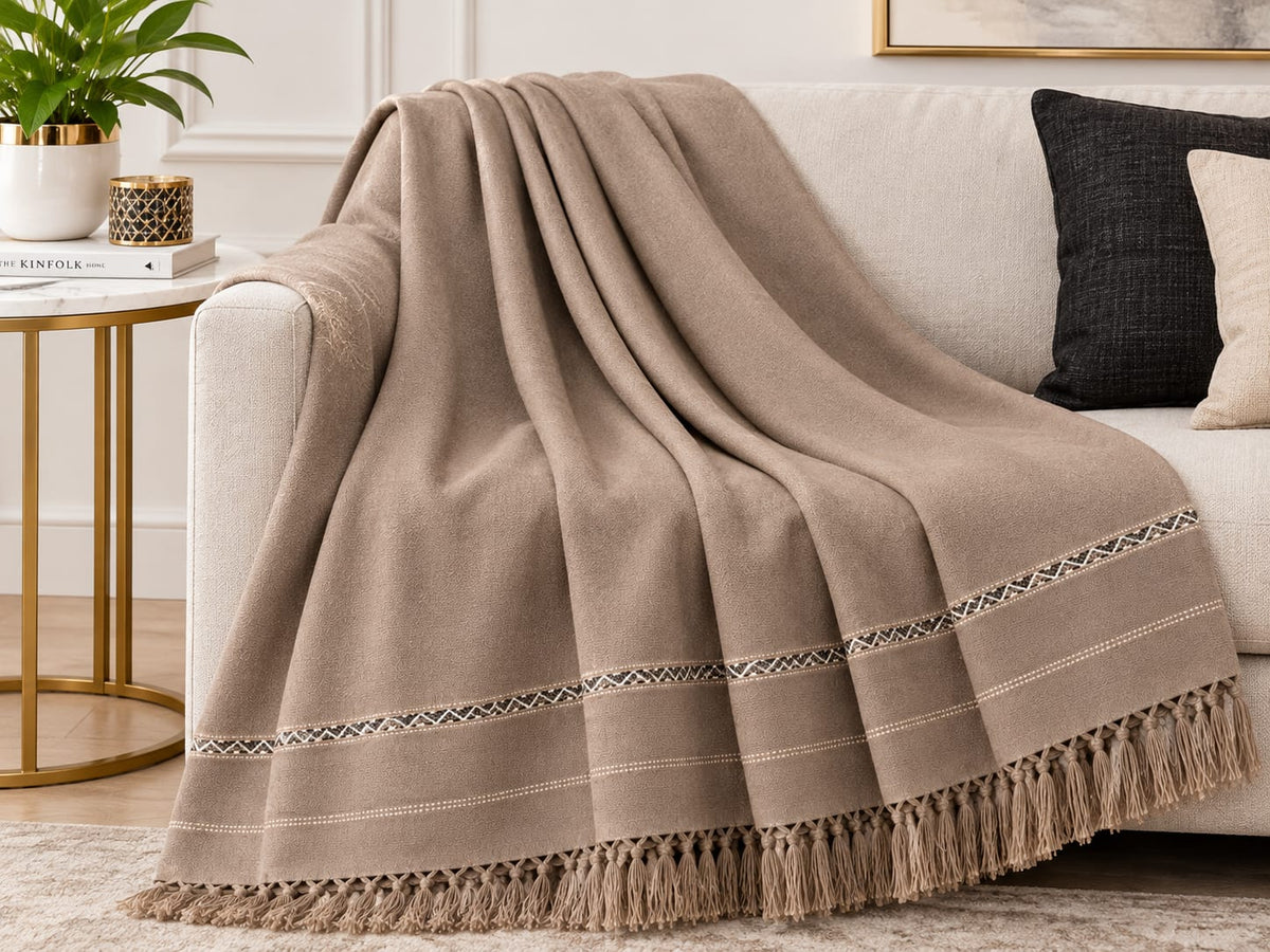 Beige Embroidered premium wooll Tassel Shawl