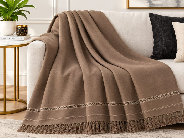 Brown Embroidered premium wooll Tassel Shawl