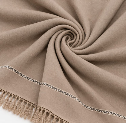 Khaki Embroidered Tassel Shawl