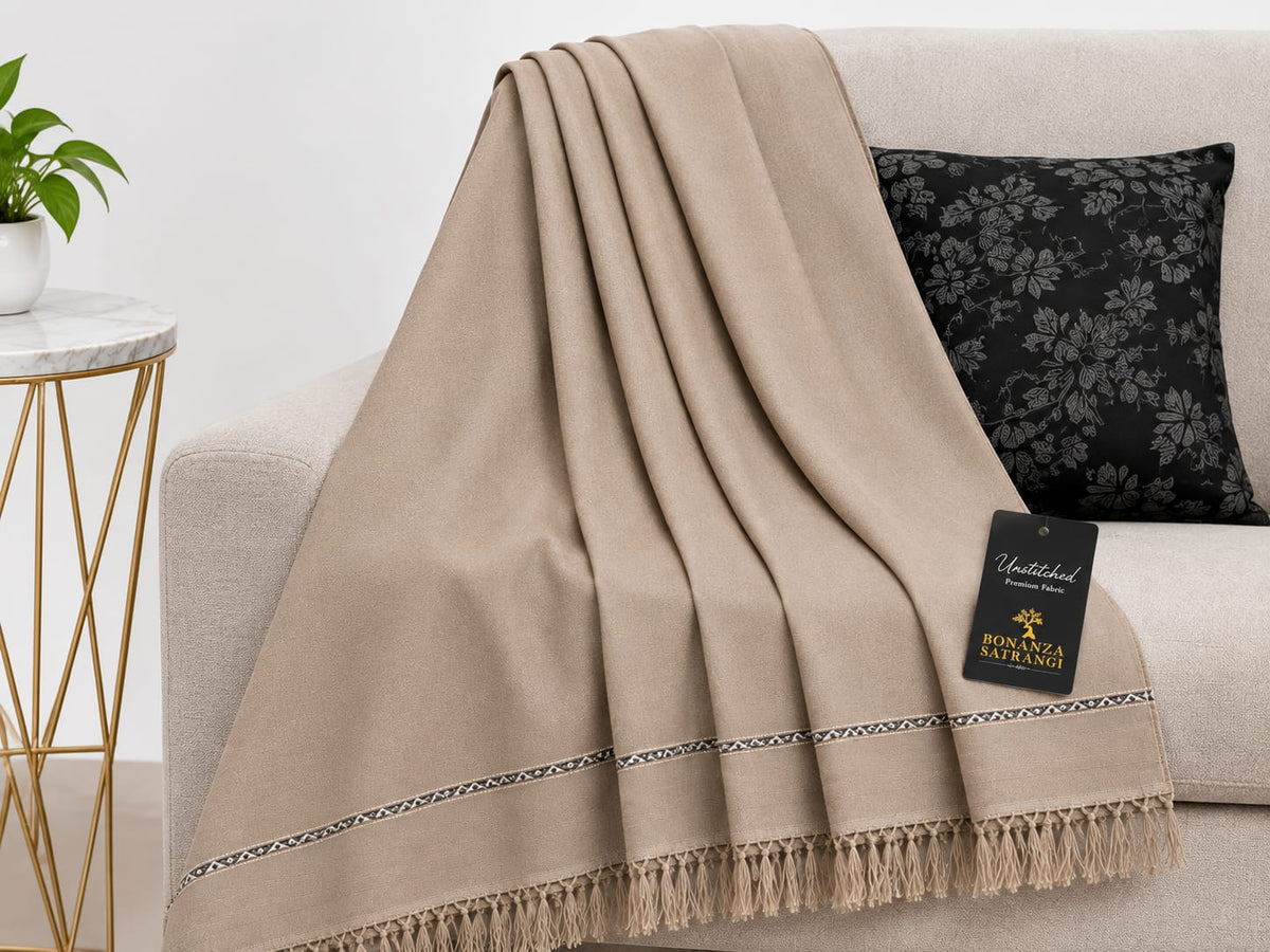Khaki Embroidered Tassel Shawl